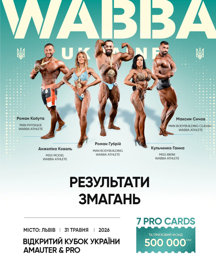 Poster advertising a WABBA Ukraine amateur & pro bodybuilding event with five athletes posing and bold event details.